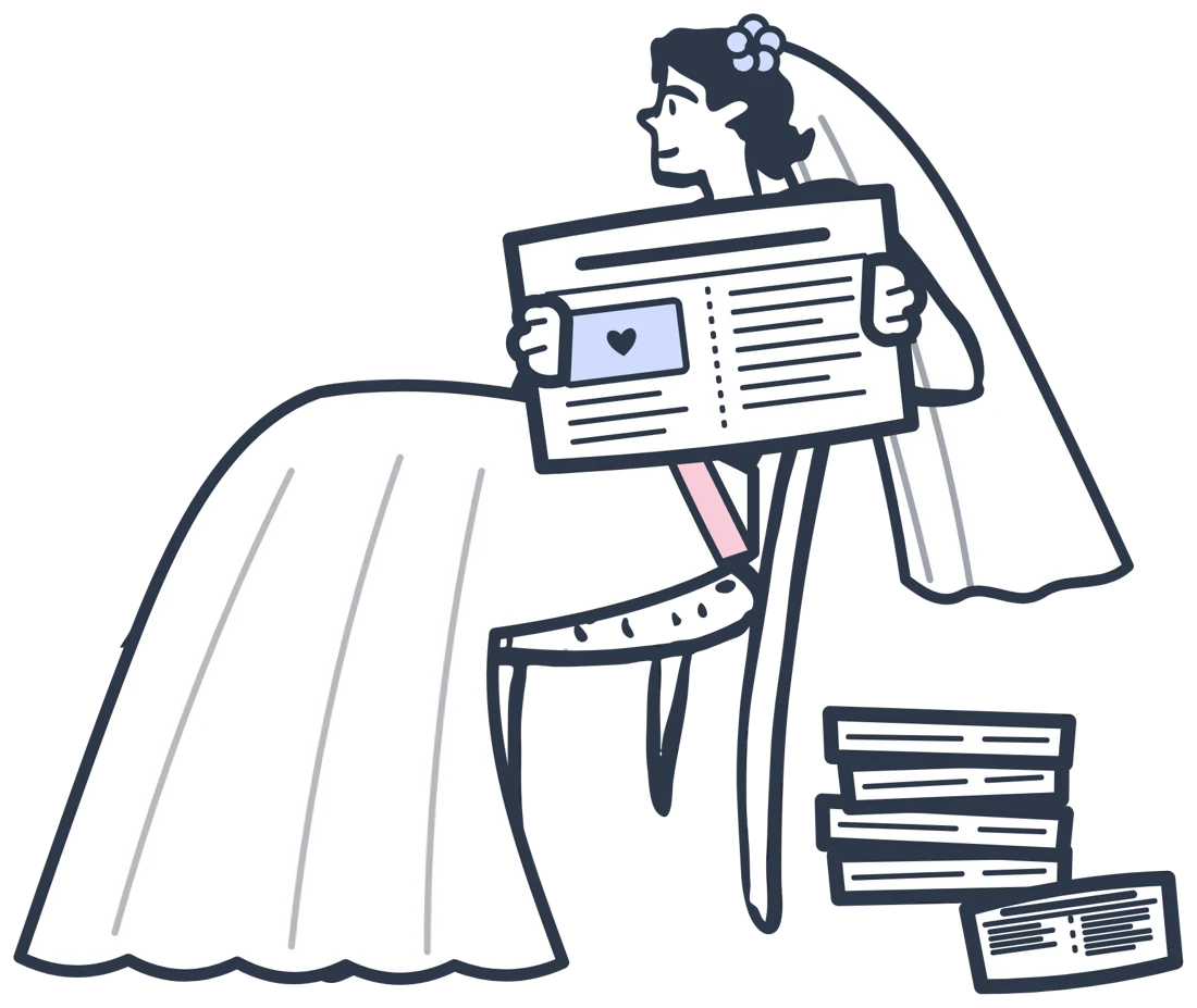 A bride in her veil reading her wedding newspaper